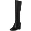 Women's Faux Leather Tall Boots Fashion Square Toe Chunky Heel Knee High Boots with Side Zip