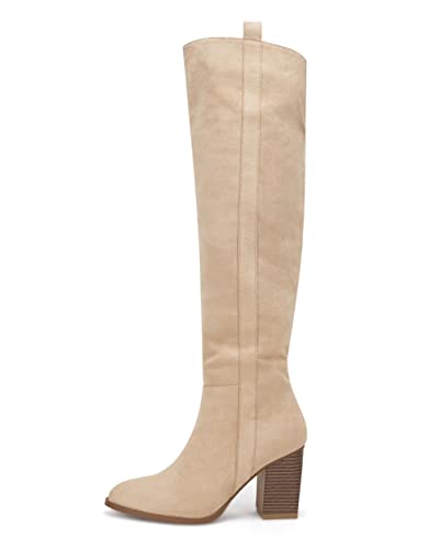 Womens Faux Suede Knee High Side Zipper Chunky Heel Stretch Winter Boots