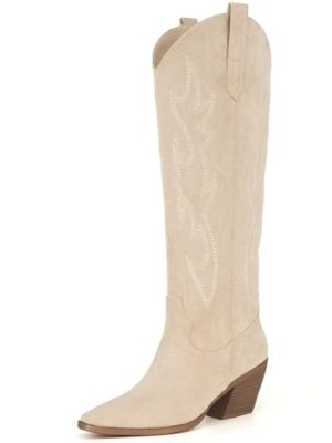 Cowgirl Boots Women Knee High Boots Pointed Toe and Block Heel Cowboy Suede and Faux Leather Boots with Embroidered
