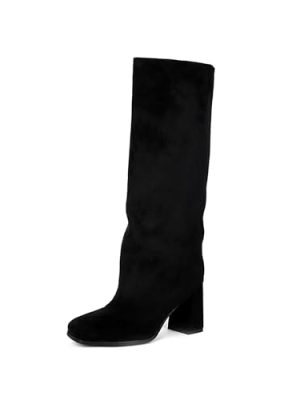 Women's Knee High Suede Square Toe Boots-Chunky Block Heeled Boots
