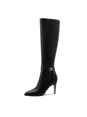 Women's Knee High Boots Women Mid Heel Pointed Toe Tall Boots for Women High Heel Side Zipper with Buckle Bow Knots Long Boots