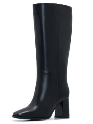 Wide Calf Knee High Boots for Women ?C Tall Fashion Boots with Side Zipper, Square Toe, Chunky Heel, Faux Leather Long Boots