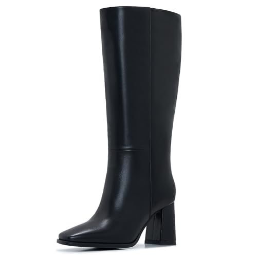 Wide Calf Knee High Boots for Women ?C Tall Fashion Boots with Side Zipper, Square Toe, Chunky Heel, Faux Leather Long Boots