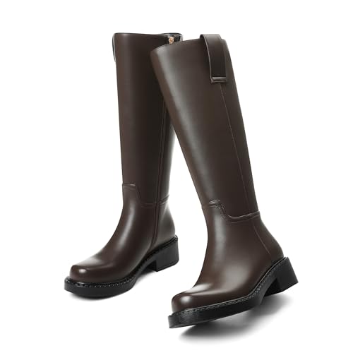 Wide Calf Knee High Boots for Women Round Toe Chunky Platform Tall Boots Comfortable Low Heel Faux Leather Boots with Side