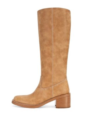 Women's Banana Knee High Boots Square Toe Chunky Block Heel Tall Boots Wide Calf Fashion Comfortable Casual Pull on Long Boots
