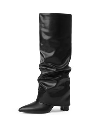 Knee High Boots Women Fold Over Knee High Boots Chunky High Heels Long Boots Zipper Pointed Toe Dress Tall Boots for Women