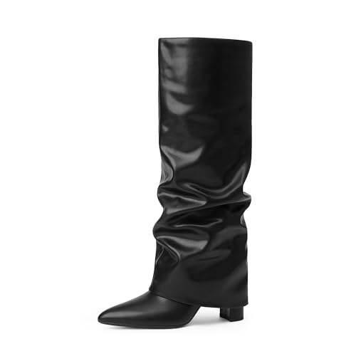 Knee High Boots Women Fold Over Knee High Boots Chunky High Heels Long Boots Zipper Pointed Toe Dress Tall Boots for Women