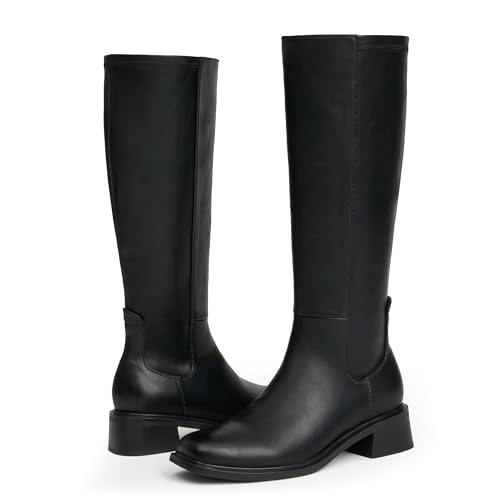 317KxLAHtHL.jpg Knee High Boots for Women Low Heel Square Toe Side Zipper Fall Long Tall Boots Women Faux Leather Elastic Boots