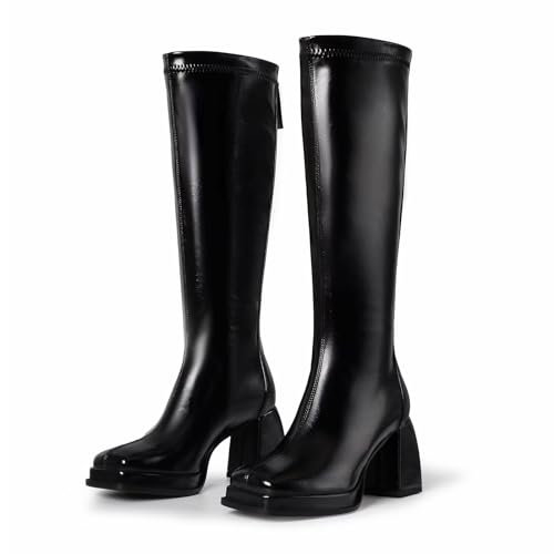 318E69qYP1L.jpg Fashion Knee High Boots Women Chunky Heel Square Toe Tall Boots for Women High Heel Black Side Zipper Long Boots