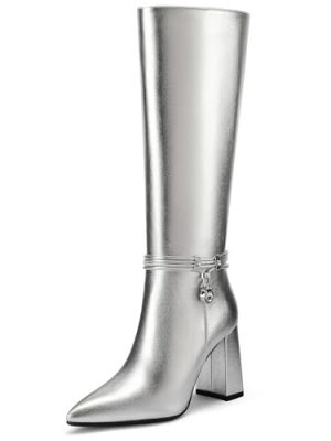 Knee High Boots for Women Chunky Block Heel Tall Boots Pointed Toe Side Zipper Fashion Dress Long Boots
