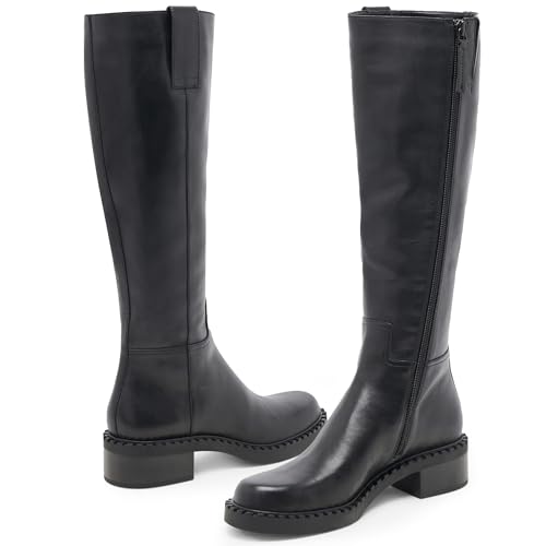 Women Knee High Boots Faux Leather Long Boots Low Chunky Heel Square Toe Side Zipper Fall Tall Boots