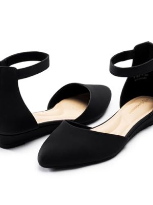 Women Flat Shoes with Ankle Strap, Low Wedge Heel Flats for Women, Comfortable Pointed Toe Dress Shoes for Work Business Wedding