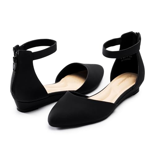 31EJFAybceL.jpg Women Flat Shoes with Ankle Strap, Low Wedge Heel Flats for Women, Comfortable Pointed Toe Dress Shoes for Work Business Wedding