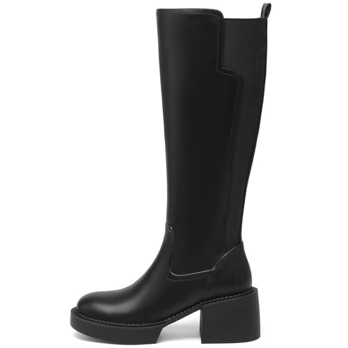 Women's Knee High Boots Chunky Block Heel Boots Stretch Calf Round Toe Side Zipper Platform Tall Boots Fall Comfort Long Boots