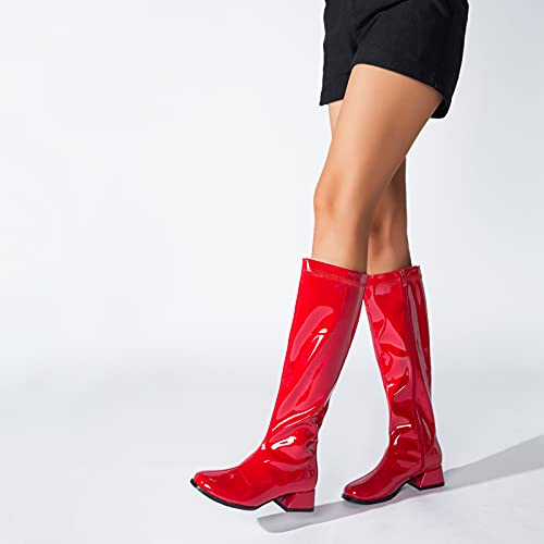 Gogo Boots for Women Square Toe Chunky Knee High Boots Side Zipper Boot Disco Costumes Dress Party Boots
