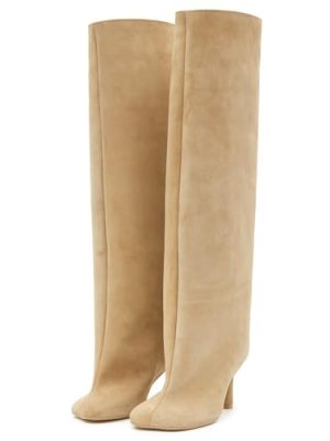 Women's Suede Knee High Boots Square Toe Stiletto Heels Wide Calf Tall Boots