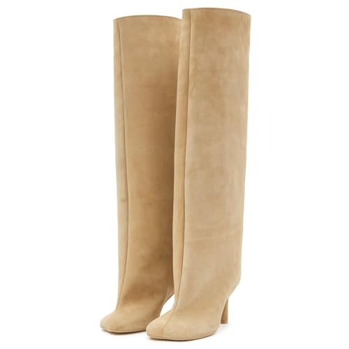 31MvJAmKNPL.jpg Women's Suede Knee High Boots Square Toe Stiletto Heels Wide Calf Tall Boots