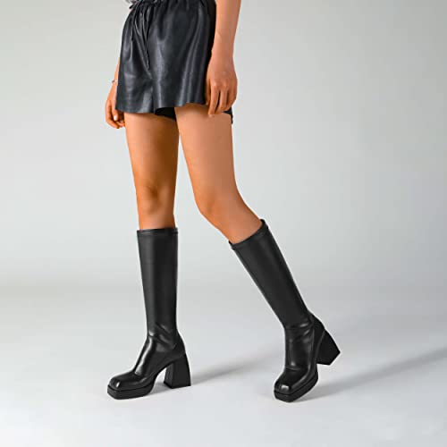 Knee High Boots Women Platform Chunky Block Heel Stretchy Square Toe Tall Patent Leather Long Boots