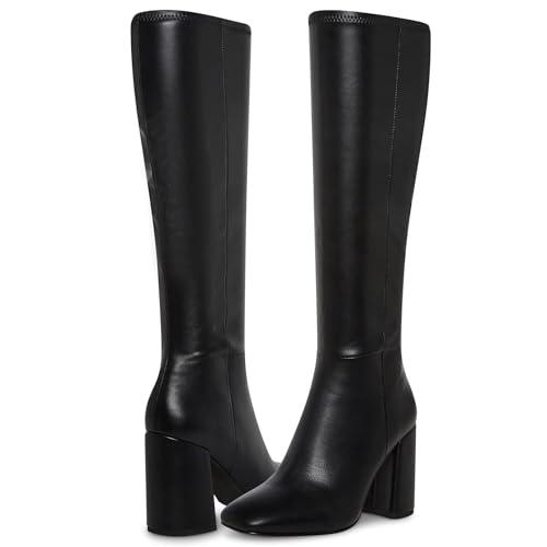 Women's Faux Leather Tall Boots Fashion Square Toe Chunky Heel Knee High Boots with Side Zip
