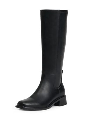 Knee High Boots for Women Low Heel Square Toe Side Zipper Fall Long Tall Boots Women Faux Leather Elastic Boots
