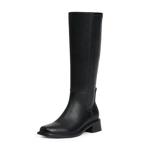 31P-ji9rHuL.jpg Knee High Boots for Women Low Heel Square Toe Side Zipper Fall Long Tall Boots Women Faux Leather Elastic Boots