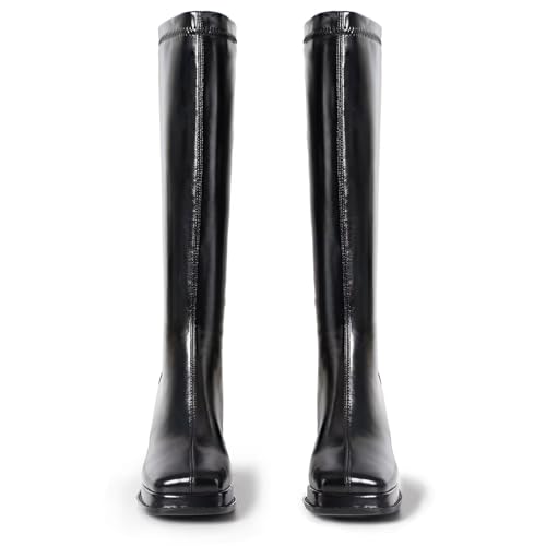 31PLitxTZdL.jpg Fashion Knee High Boots Women Chunky Heel Square Toe Tall Boots for Women High Heel Black Side Zipper Long Boots