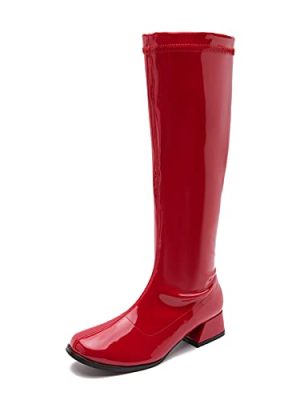 Gogo Boots for Women Square Toe Chunky Knee High Boots Side Zipper Boot Disco Costumes Dress Party Boots