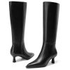Kitten Heel Knee High Boots Women-Pointed Toe Faux Leather Stiletto Side Zipper Long Tall Dress Boot