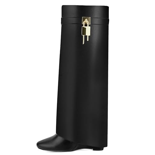Fold Over Knee High Boots for Women Pointy Pull-on Wedge Heel Knee Shark Boot With Side Zipper Covered Wedge Heel Padlock Boot