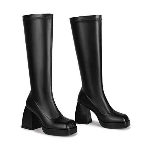 Knee High Boots Women Platform Chunky Block Heel Stretchy Square Toe Tall Patent Leather Long Boots