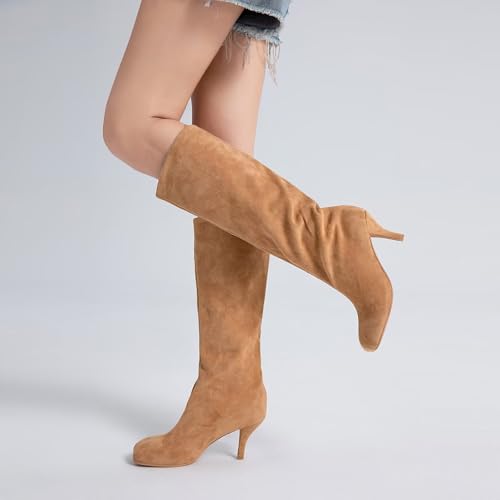 Suede Boots Wide Calf Boots with Slim High Heels Square Toe Stiletto Boots Straight Tall Boots Slouchy Boots Women's Knee High