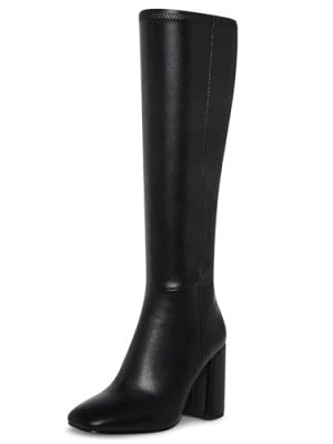 Women's Knee High Boots Faux Leather Square To Tall Boots Fashion Chunky Block Heel Long Boots with Side Zip