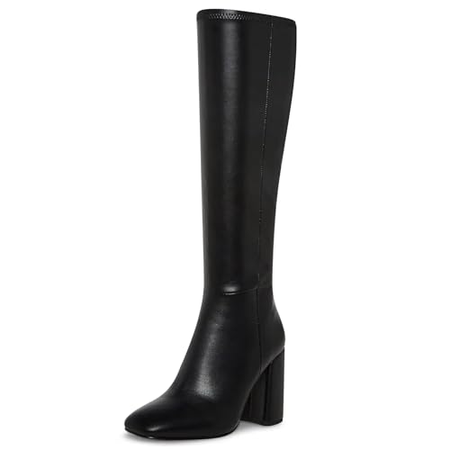 Women's Knee High Boots Faux Leather Square To Tall Boots Fashion Chunky Block Heel Long Boots with Side Zip