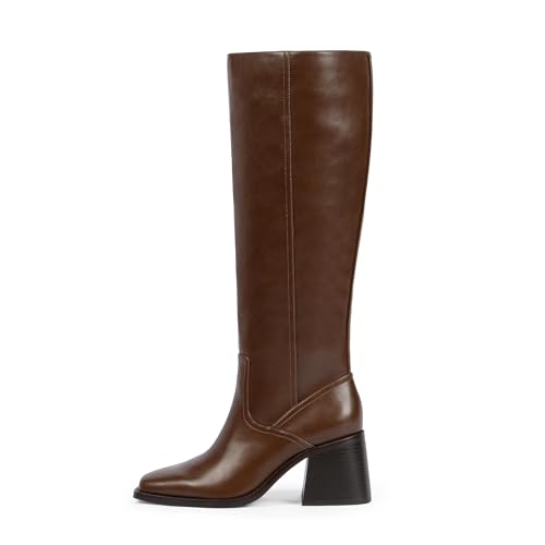 Women's Knee High Boots with Zipper Square Toe Chunky Heeled Tall Boots