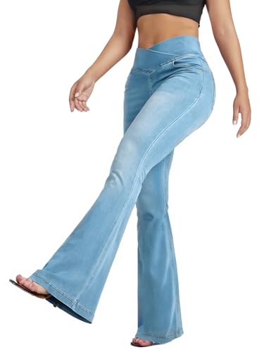 Flare Jean Leggings for Women,Bell Bottom Jeans for Women Knit Crossover High Waisted Bootcut Jean