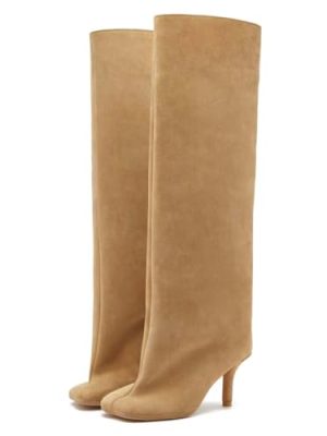 Women's Knee High Boots Nude Suede Wide Calf Stiletto Long Boots Pull On High Heel Riding Boots Fahion Dress Fall Tall Boots