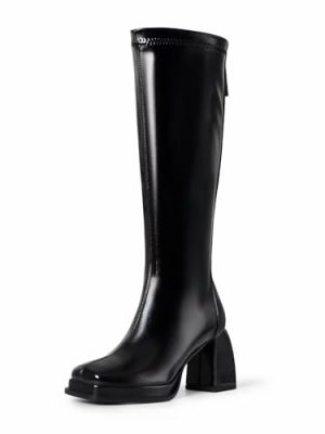Fashion Knee High Boots Women Chunky Heel Square Toe Tall Boots for Women High Heel Black Side Zipper Long Boots