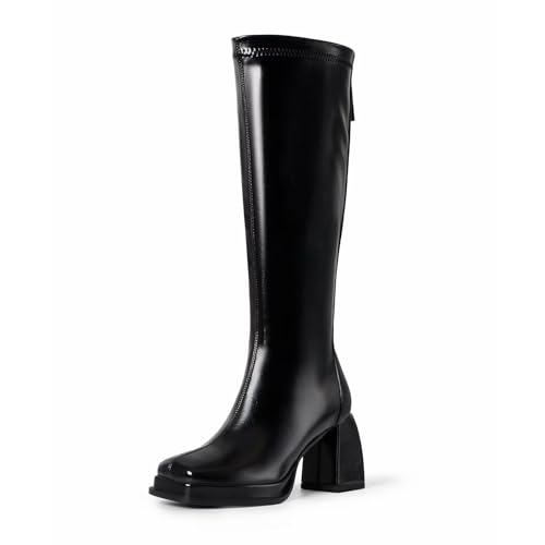 31b8RWJlTxL.jpg Fashion Knee High Boots Women Chunky Heel Square Toe Tall Boots for Women High Heel Black Side Zipper Long Boots