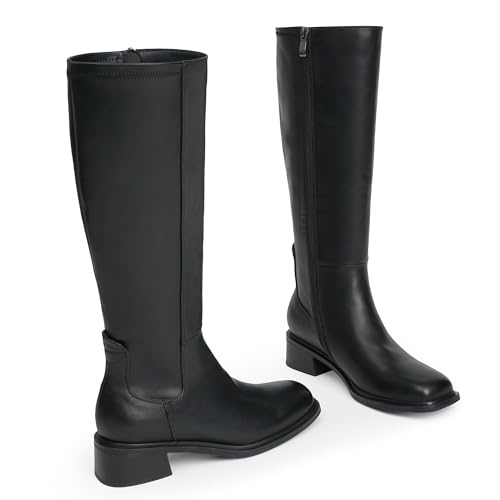 31baA86AY8L.jpg Knee High Boots for Women Low Heel Square Toe Side Zipper Fall Long Tall Boots Women Faux Leather Elastic Boots