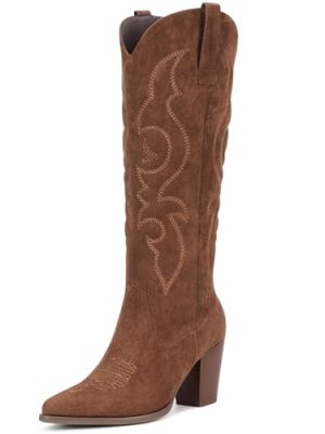 Suede Cowboy Boots for Women - Western Knee High Cowgirl Boots with Side Zipper, Retro Pointed Toe Tall Block Heel Pull On Long