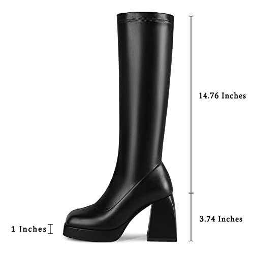 Knee High Boots Women Platform Chunky Block Heel Stretchy Square Toe Tall Patent Leather Long Boots