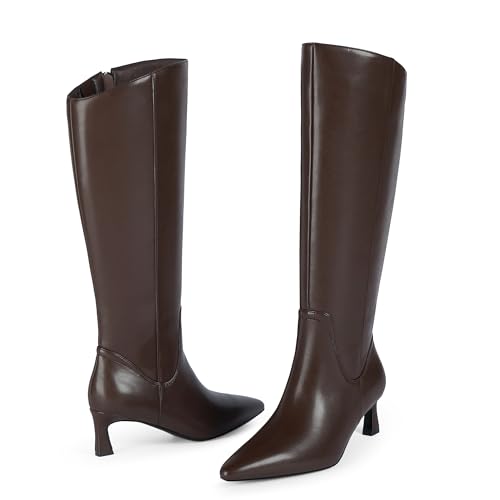 Knee High Boots Womens Pointed Toe 2.17-Inch Kitten Heel Side Zipper Fall Long Tall Boots for Women