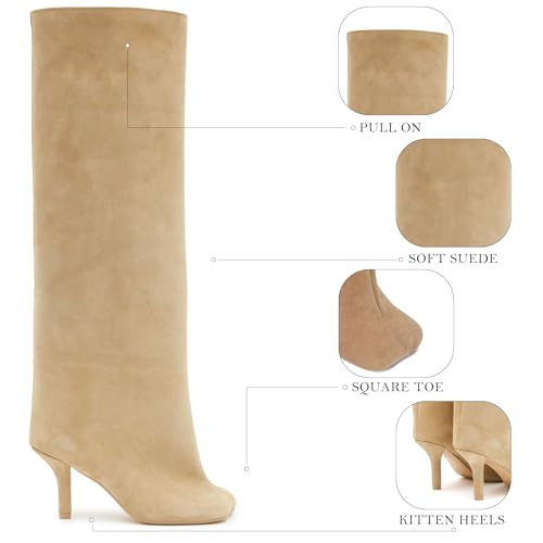 31hSW2fs0vL.jpg Women's Suede Knee High Boots Square Toe Stiletto Heels Wide Calf Tall Boots