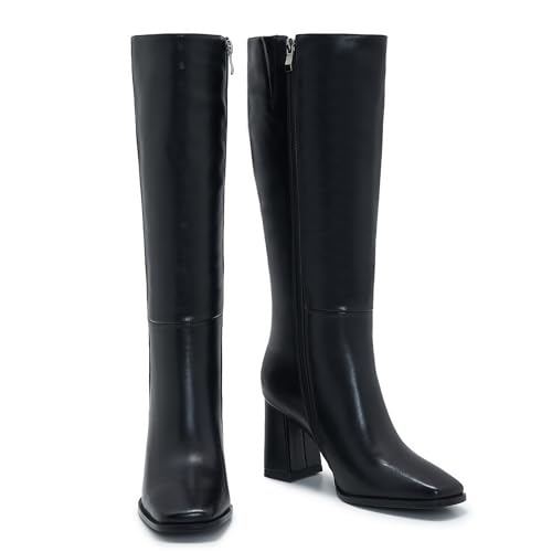 Wide Calf Knee High Boots for Women ?C Tall Fashion Boots with Side Zipper, Square Toe, Chunky Heel, Faux Leather Long Boots
