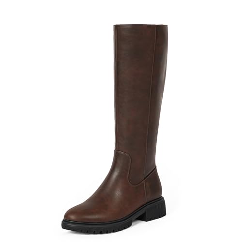 Knee High Boots for Women Round Toe Women's Fashion Tall Riding Boots Chunky Platform Long Flat Boot with Side Zipper Low Heel