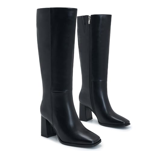 Wide Calf Knee High Boots for Women ?C Tall Fashion Boots with Side Zipper, Square Toe, Chunky Heel, Faux Leather Long Boots