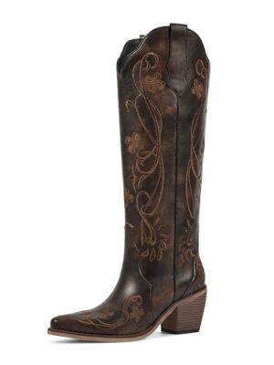 Cowboy Boots for Women Knee High Cowgirl Boots, Western Boots with Floral Embroidered Pointed Toe Chunky Heel Pull On Retro