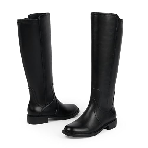 Knee High Boots Women Faux Leather Elastic Boots Low Heel Round Toe Side Zipper Fall Long Tall Boots for Women