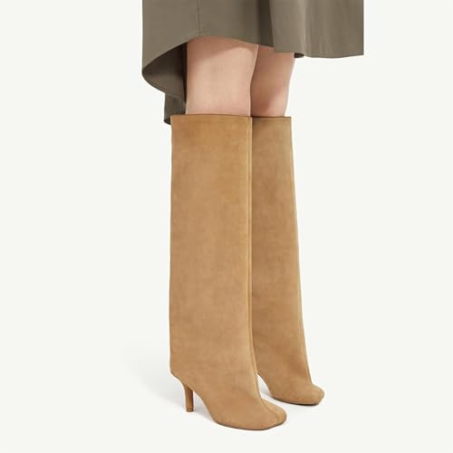 Women's Knee High Boots Nude Suede Wide Calf Stiletto Long Boots Pull On High Heel Riding Boots Fahion Dress Fall Tall Boots