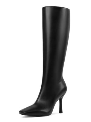 Stiletto High Heel Knee High Boots for Women with Square Toe Side Zipper Fashion Tall Long Boots